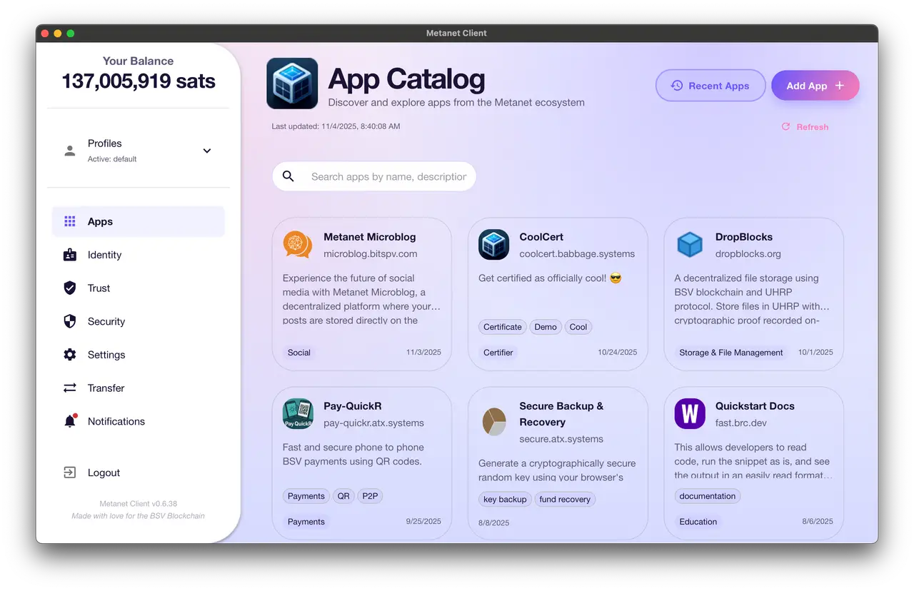 Metanet Desktop app catalog in light mode